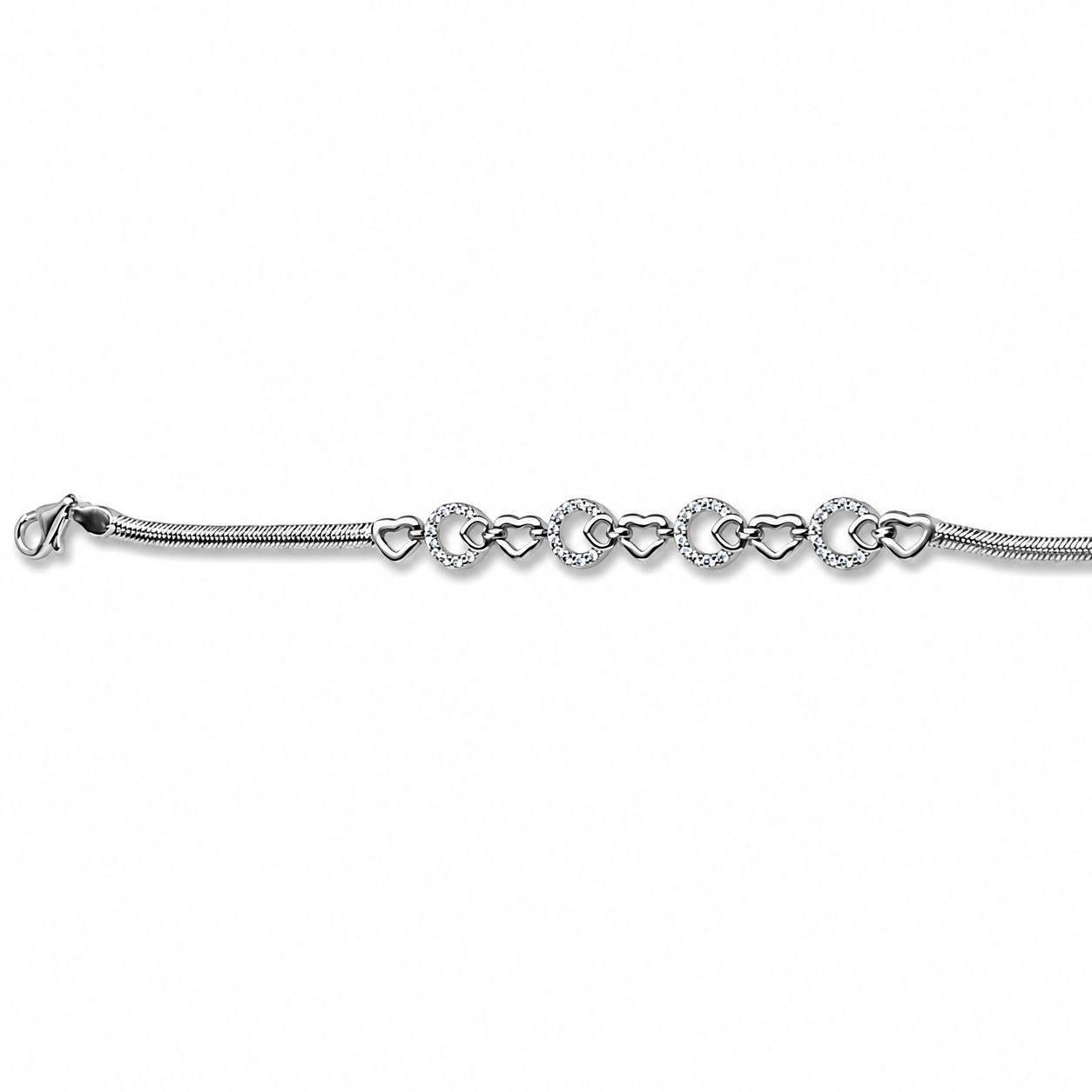 925 Silver Snake Chain Bracelet (5.4g) | Sterling Silver Heart & Circle CZ Bracele