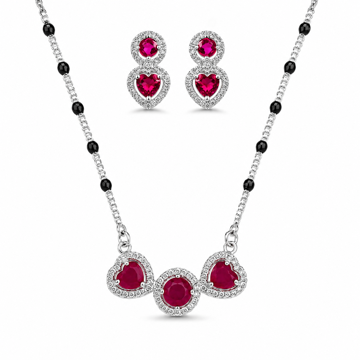 925 Silver Exclusive 5A CZ Mangalsutra Set 10gm | Sterling Silver Ruby Heart Mangalsutra with Earrings