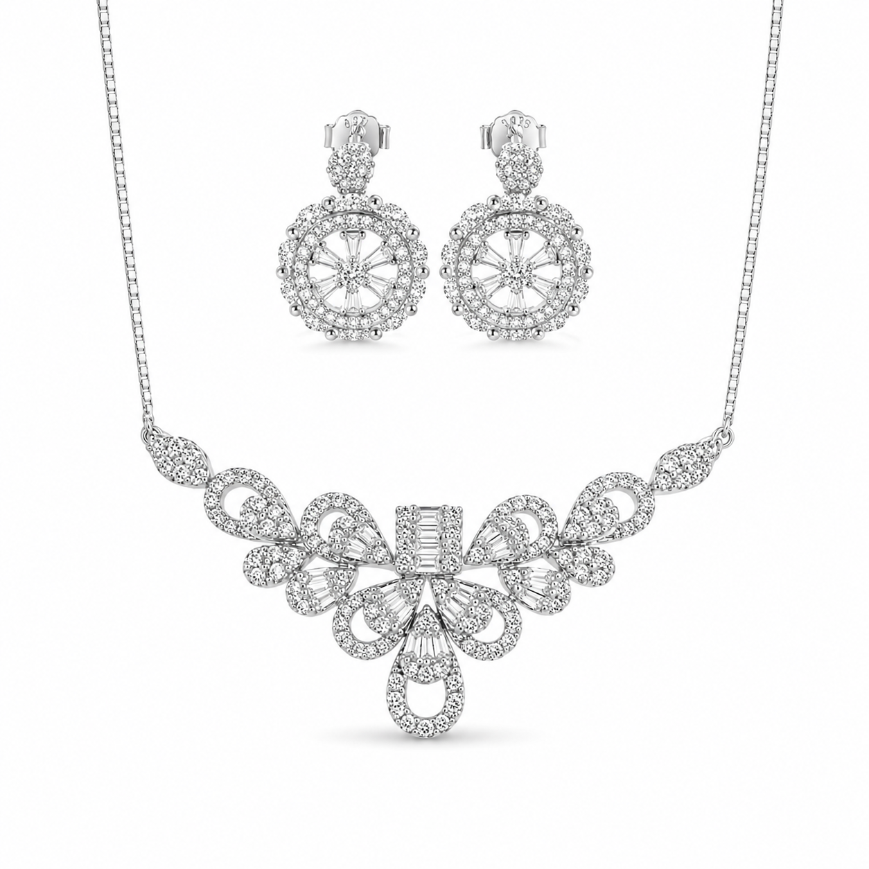 925 Silver Designer CZ Necklace Set 10gm | Sterling Silver Floral Statement Necklace with Earrings