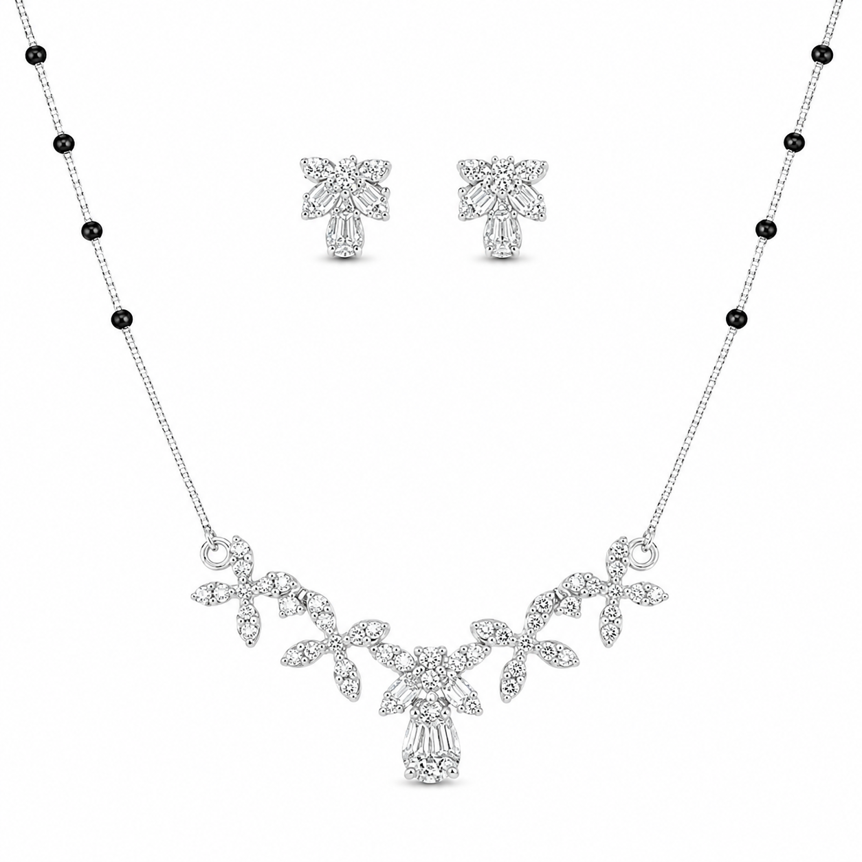 925 Silver Floral CZ Mangalsutra Set 10gm | Sterling Silver Designer Mangalsutra with Earrings