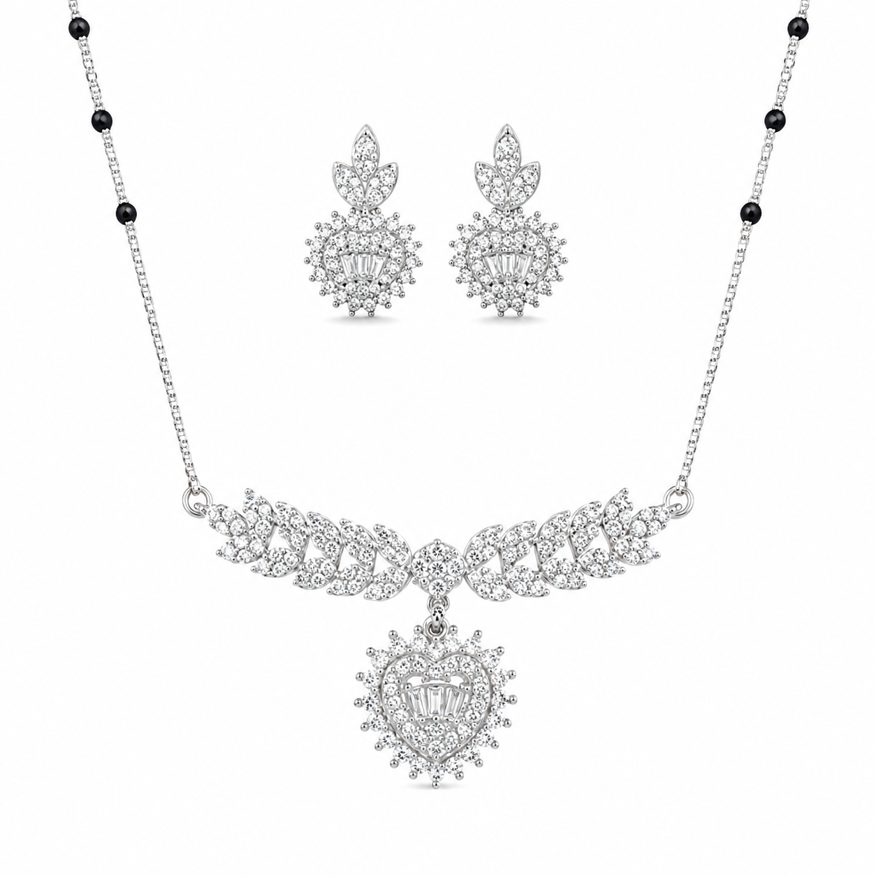 925 Silver Exclusive Heart CZ Mangalsutra Set 10gm | Sterling Silver Designer Mangalsutra with Earrings