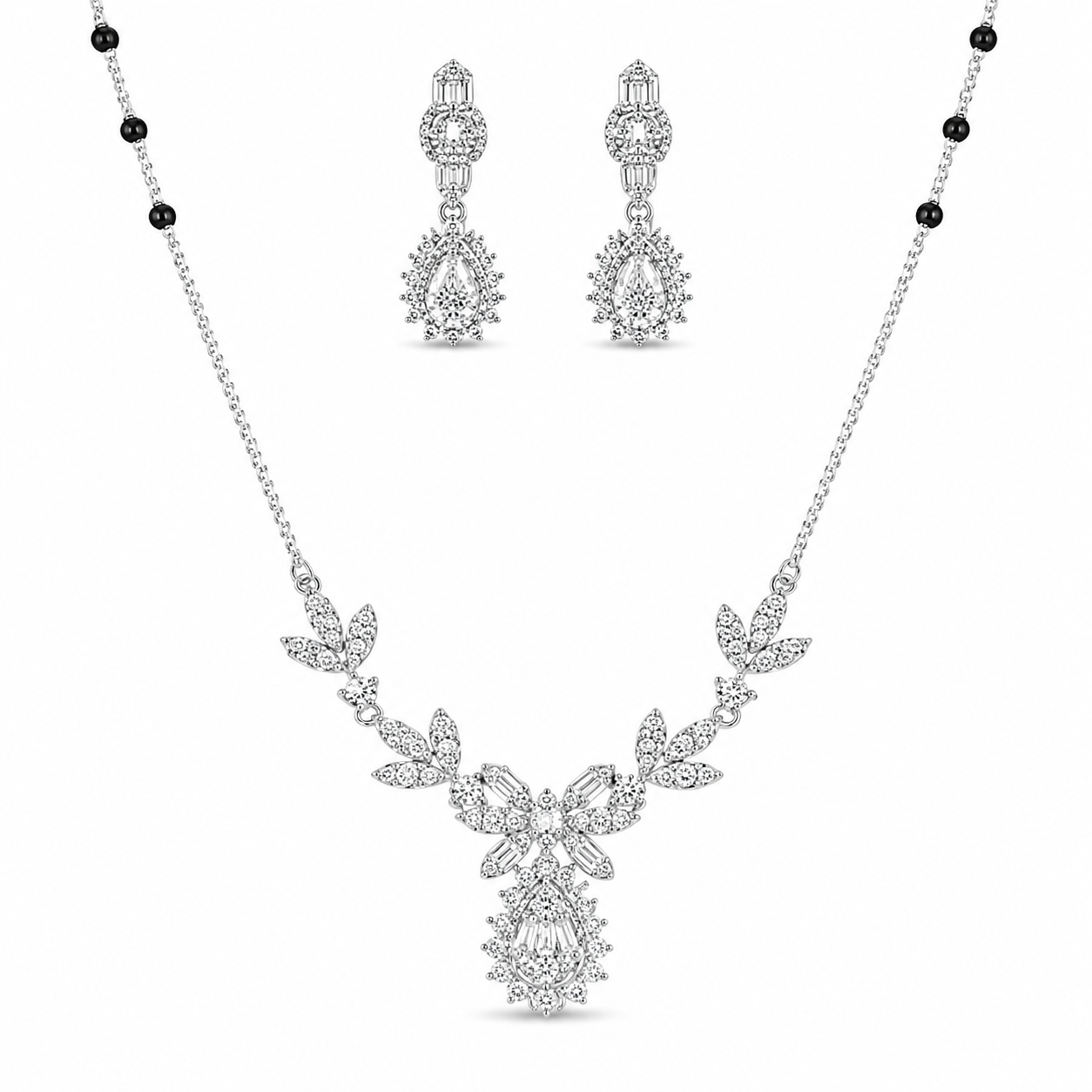 925 Silver Exclusive Floral Drop CZ Mangalsutra Set 10gm | Sterling Silver Designer Leaf Mangalsutra with Earrings