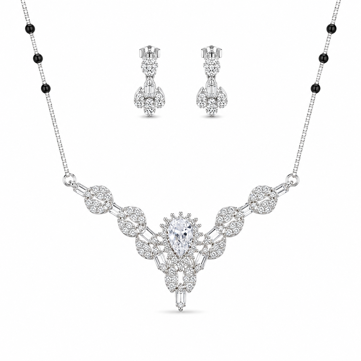 925 Silver Exclusive Pear Cut CZ Mangalsutra Set 10gm | Sterling Silver Designer Teardrop Mangalsutra with Earrings