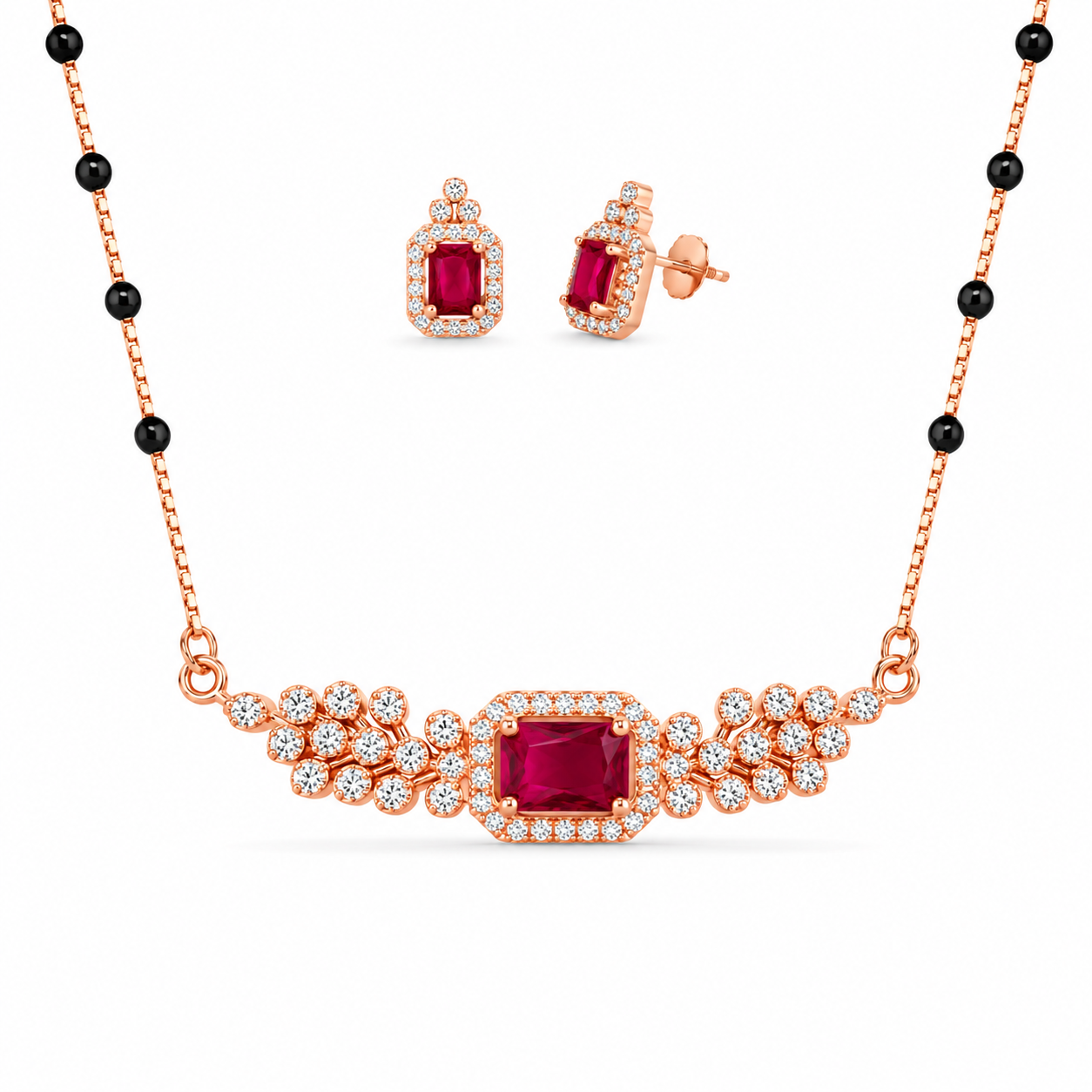 925 Silver Exclusive Ruby CZ Mangalsutra Set 10gm | Sterling Silver Rose Gold Designer Mangalsutra with Earrings