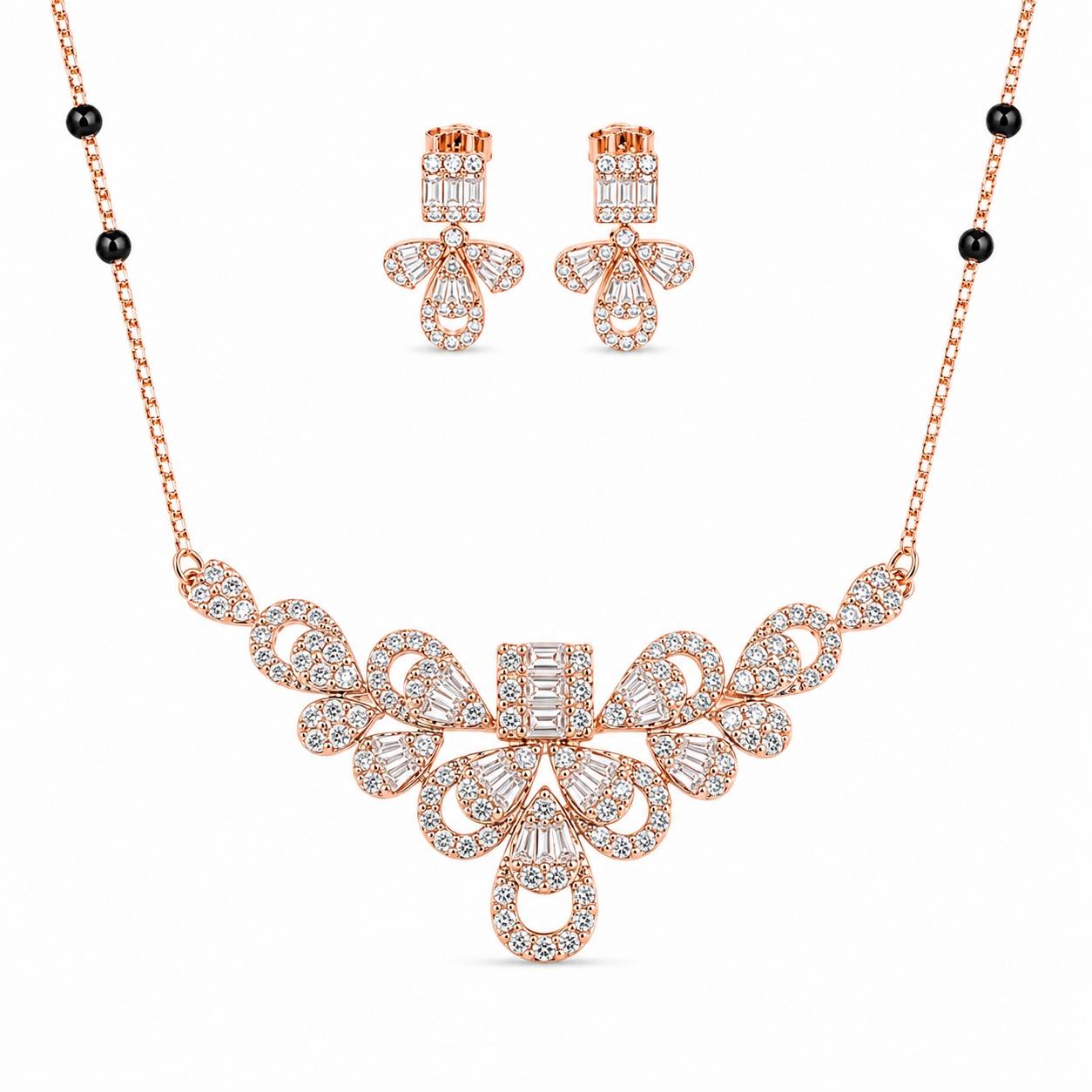 925 Silver Exclusive Rose Gold CZ Mangalsutra Set 10gm | Sterling Silver Designer Floral Mangalsutra with Earrings