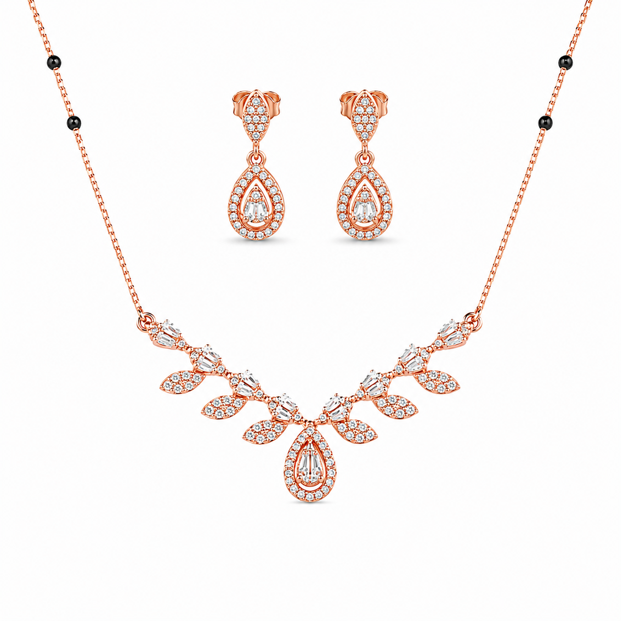 925 Silver Exclusive Rose Gold Pear Drop CZ Mangalsutra Set 10gm | Sterling Silver Designer Leaf Mangalsutra with Earrings