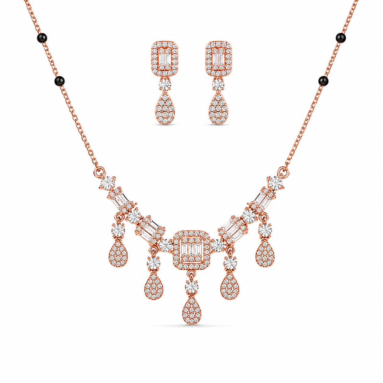 925 Silver Exclusive Rose Gold CZ Dangle Mangalsutra Set 10gm | Sterling Silver Designer Drop Mangalsutra with Earrings