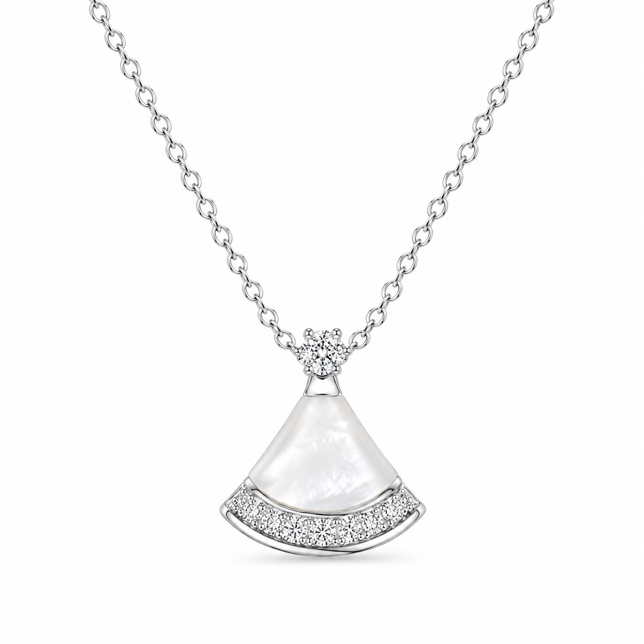 925 Silver Mother of Pearl Fan Chain Pendant 3gm | Sterling Silver CZ Shell Pendant Necklace