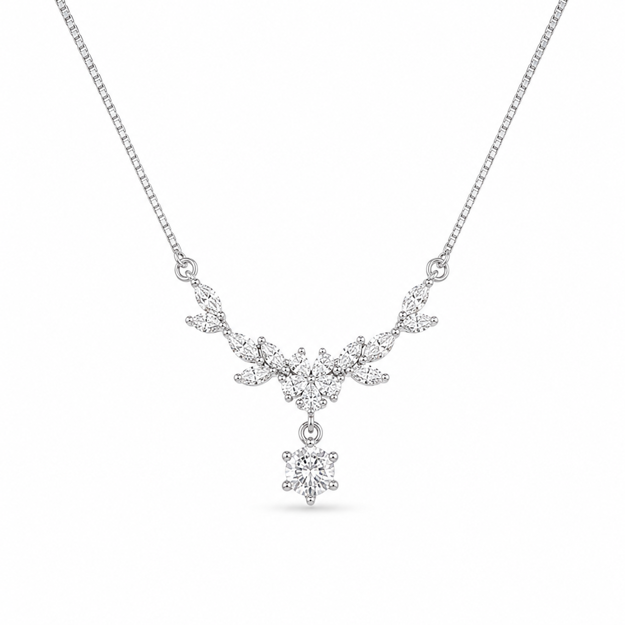 925 Silver Floral Drop Chain Pendant 3gm | Sterling Silver CZ Flower Pendant Necklace