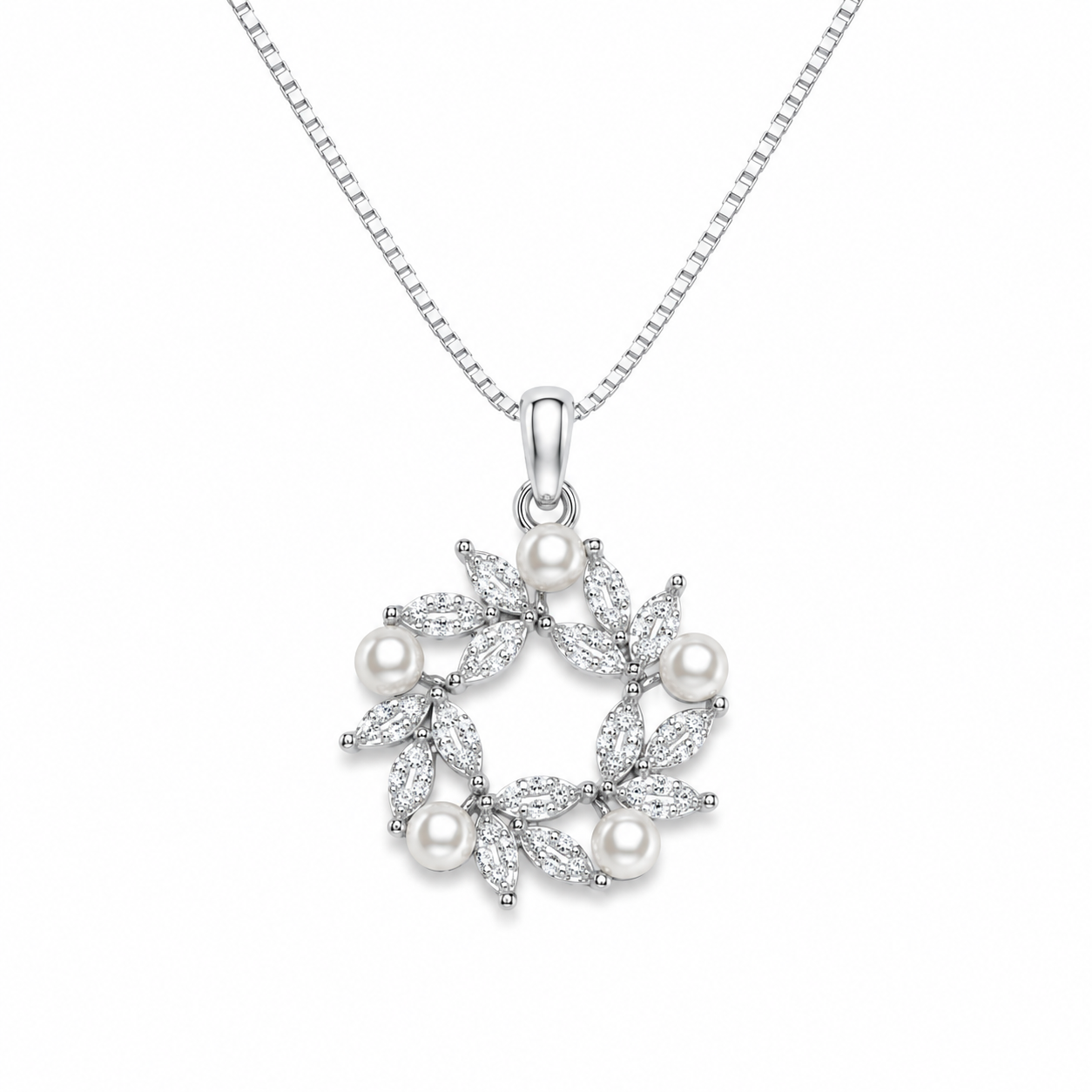 925 Silver Pearl Floral Chain Pendant 3gm | Sterling Silver CZ Pearl Wreath Necklace