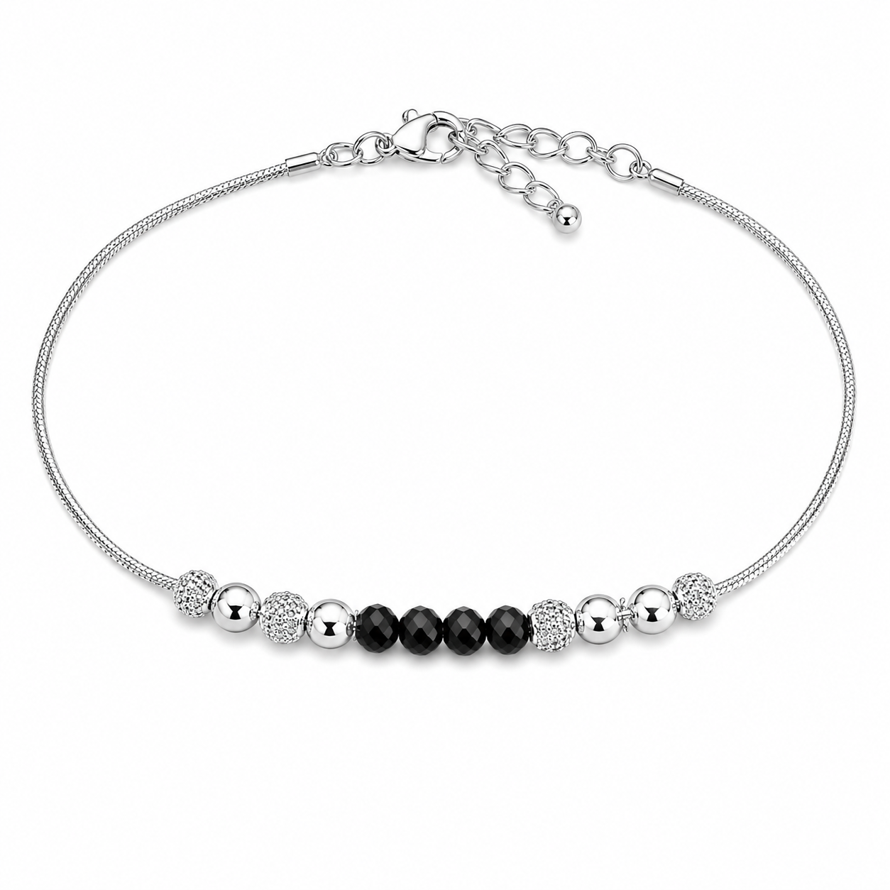 925 Silver Black Crystal Bead Snake Chain Anklet 8gm | Sterling Silver Faceted Black Bead Anklet