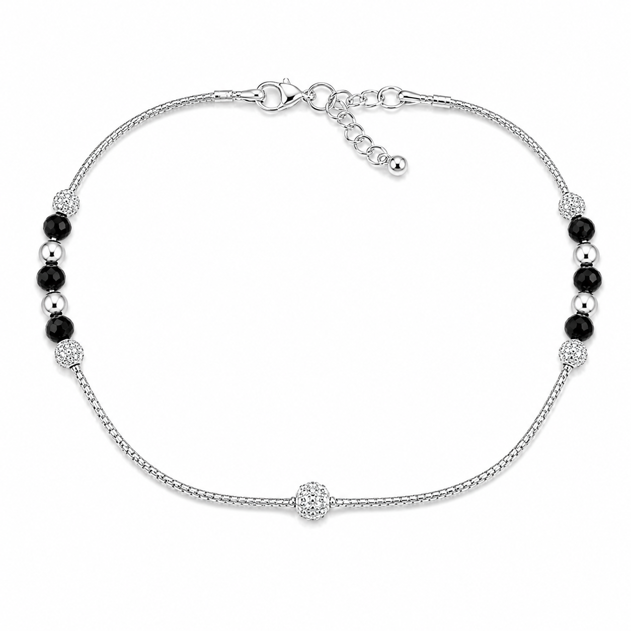 925 Silver Dual Black Bead Snake Chain Anklet 8gm | Sterling Silver Black Crystal Bead Anklet