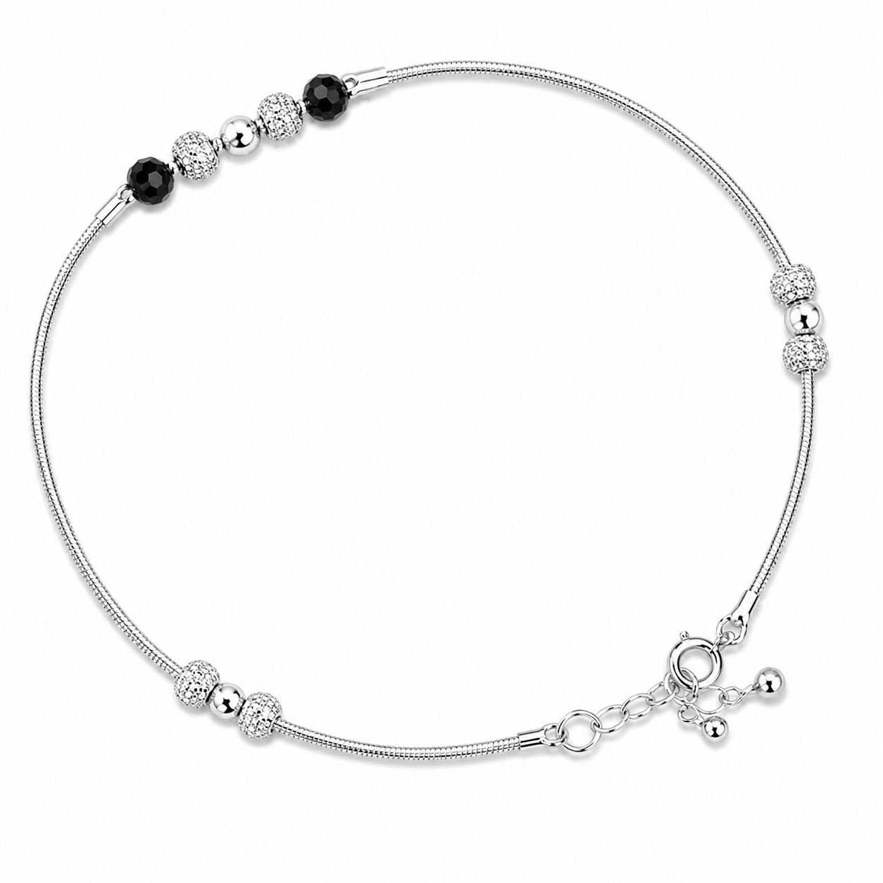 925 Silver Black Crystal Bead Snake Chain Anklet 8gm | Sterling Silver Textured Bead Anklet