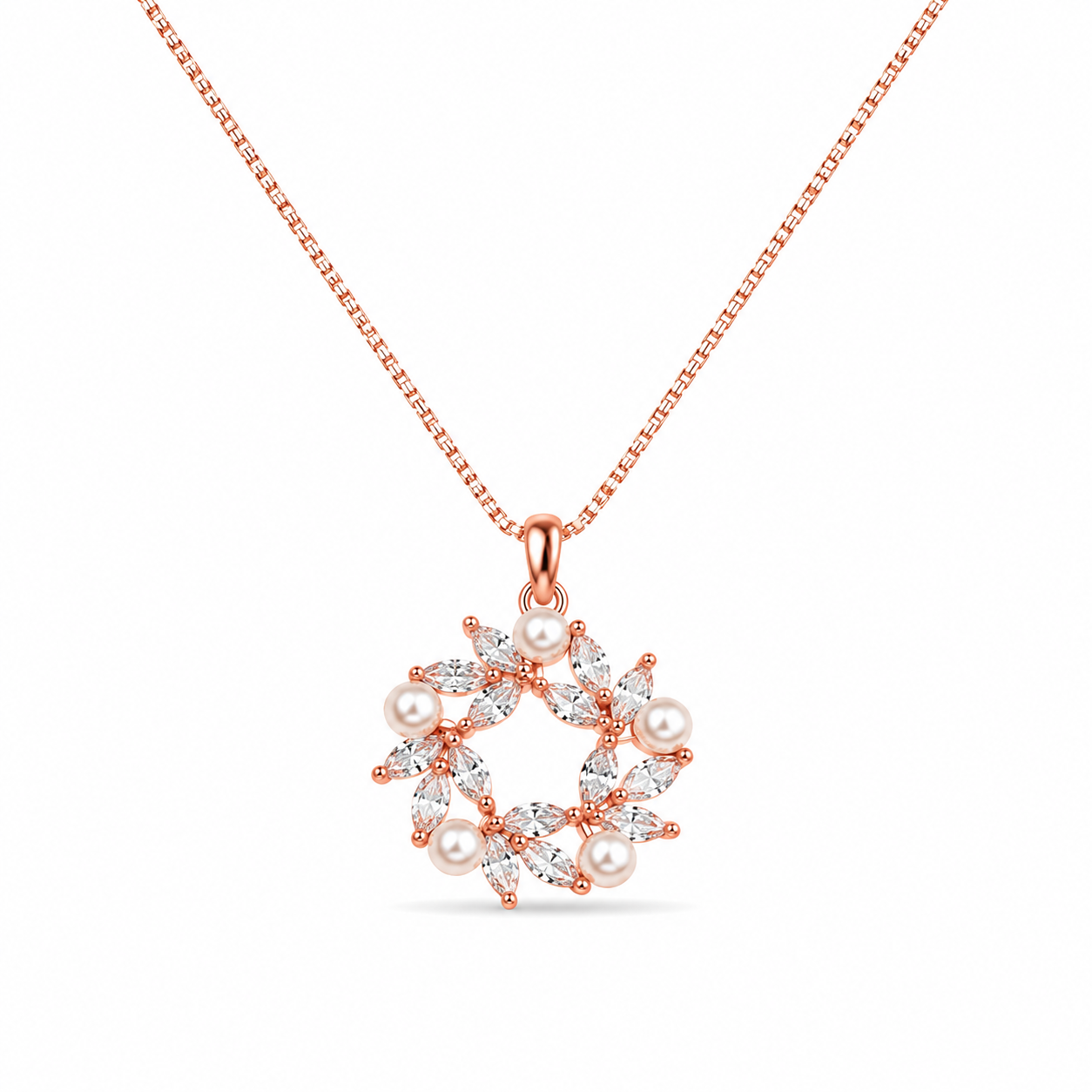 925 Silver Pearl Floral Chain Pendant 3gm | Sterling Silver CZ Pearl Wreath Necklace